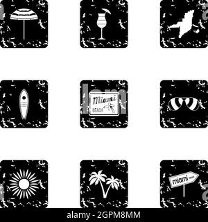 Tourism in Miami icons set, grunge style Stock Vector