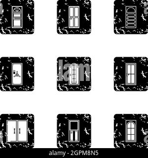 Exterior doors icons set, grunge style Stock Vector