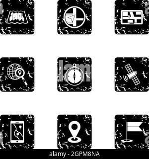 Navigation icons set, grunge style Stock Vector