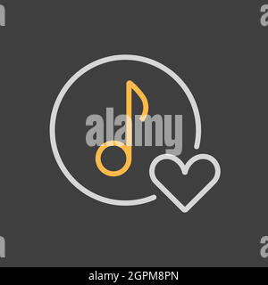 Musical note icon on dark background, music icon with heart sign Stock Vector