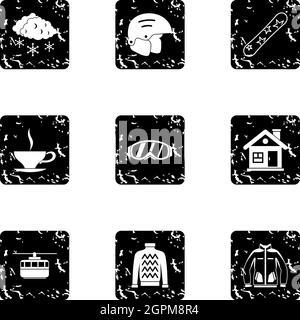 Winter snowboarding icons set, grunge style Stock Vector