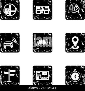 Location icons set, grunge style Stock Vector
