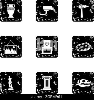 Stay in museum icons set, grunge style Stock Vector