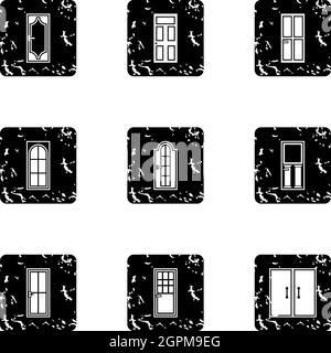 Types of doors icons set, grunge style Stock Vector