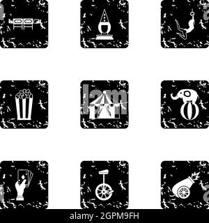 Circus performance icons set, grunge style Stock Vector
