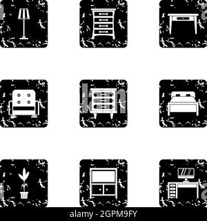 Home furnishings icons set, grunge style Stock Vector