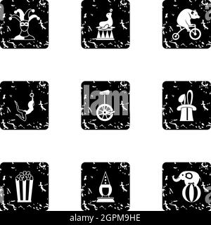 Concert in circus icons set, grunge style Stock Vector