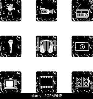 Broadcasting icons set, grunge style Stock Vector