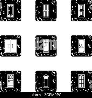 Door icons set, grunge style Stock Vector