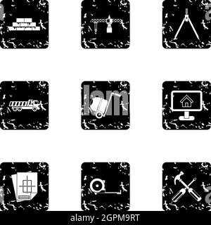 Construction icons set, grunge style Stock Vector