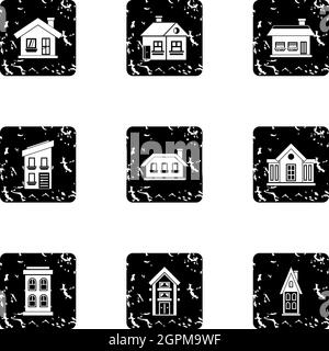 Building icons set, grunge style Stock Vector