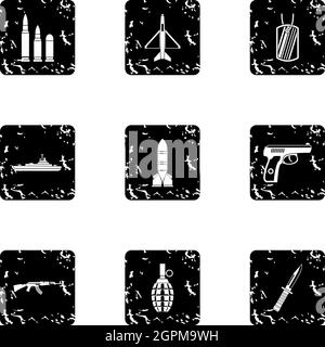Equipment for war icons set, grunge style Stock Vector