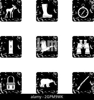 Hunting in forest icons set, grunge style Stock Vector