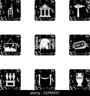 Going to museum icons set, grunge style Stock Vector