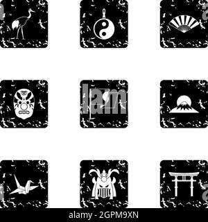 Japan icons set, grunge style Stock Vector
