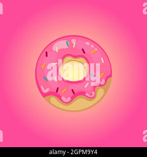 Cute sweet  donut with  tasty glazed pastry with decoration on Pink background. Stock Vector