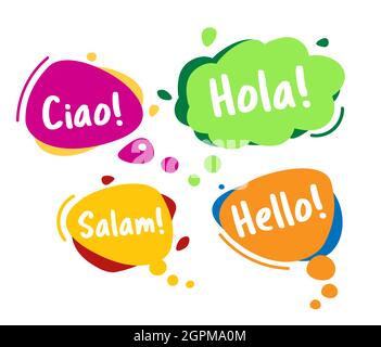 Speech Bubble. concept of a dialog. Hello, in different languages of the world. Stock Vector