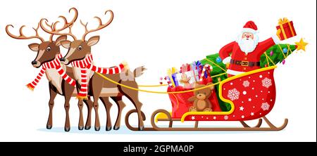Santa claus on sleigh full of gifts and reindeer. Stock Vector