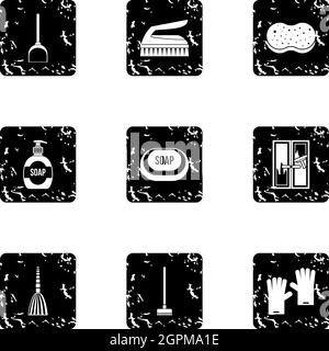 Cleaning services home icons set, grunge style Stock Vector
