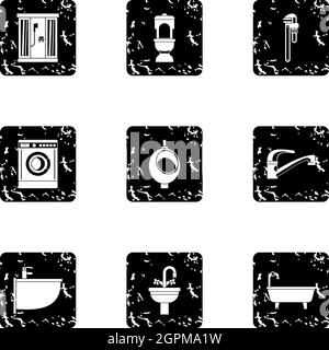 Equipment for bathroom icons set, grunge style Stock Vector