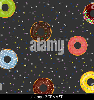 Vector donuts in space. Poster or postcard design, template for dessert menu in cafe. Vector eps10. Stock Vector