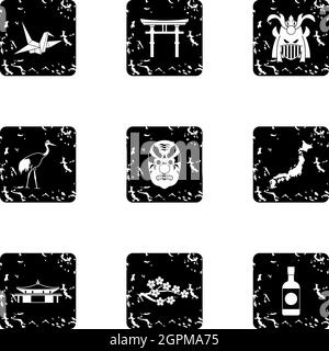 Tourism in Japan icons set, grunge style Stock Vector