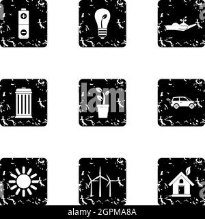 Environment icons set, grunge style Stock Vector