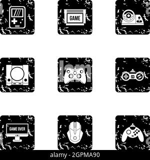Game online icons set, grunge style Stock Vector