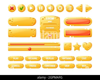 Cheese game ui buttons, cartoon menu interface gui elements of yellow color with holes texture. Progress bar, user settings panel, slider, pause, arrow, login and password board, isolated vector set Stock Vector