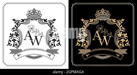 AW initial letter with royal crown of monarch, AW royal emblem with crown, initial letter and graphic name Frames Border of floral designs with two variation color for insignia and monogram logo. Stock Vector