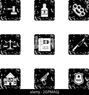 Crime icons set, grunge style Stock Vector