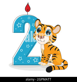 Cute cartoon tiger with number two vector illustration. Perfect for cards, party invitations, posters, stickers, clothing. Birthday concept Stock Vector