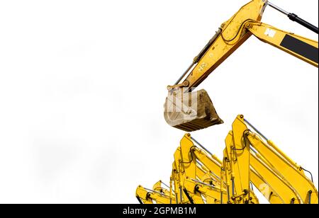 Backhoe with hydraulic piston arm isolated on white background. Backhoe bucket loading soil. Digger machine. Hydraulic machinery. Bulldozer. Stock Photo