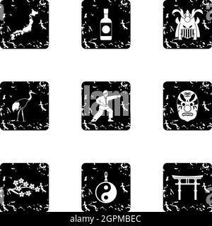 Attractions of Japan icons set, grunge style Stock Vector