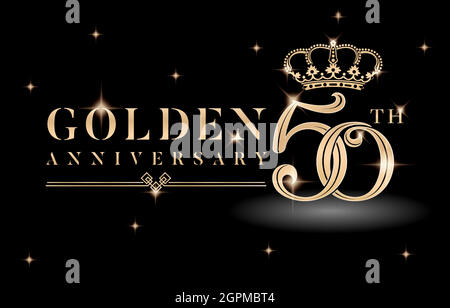 50th Golden anniversary symbol with crown and sparkling glitter isolated black backgrounds. applicable for greeting cards, invitation, Wedding anniversary , banner and celebration company or business Stock Vector