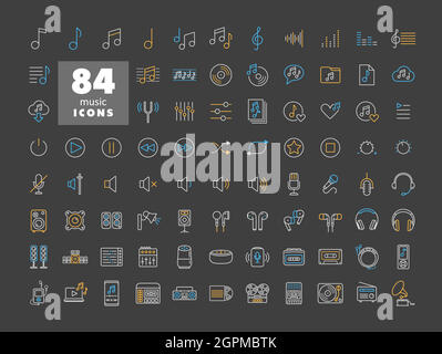 Music vector flat icon set on dark background Stock Vector