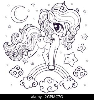 Cute unicorn on the rainbow. Black and white linear image. Vector Stock Vector