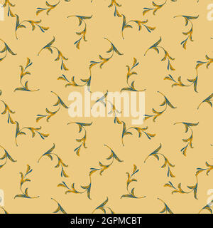 Drawing branches with leaves in yellow colors, plant seamless pattern, nature abstract background vector. Line art botanical illustration graphic design print, fabric. Trendy wallpaper Stock Vector