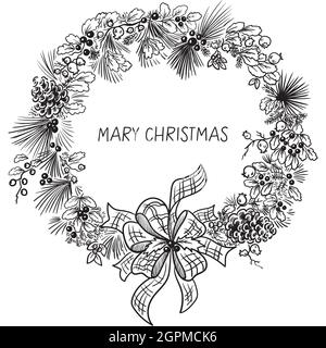 Hand drawing Christmas wreath with branches and pine cones, design for your greeting cards, banners, flyers. Stock vector illustration isolated on Stock Vector