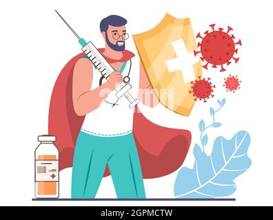 Doctor superhero with vaccine injection and shield protecting from coronavirus, flat vector illustration. Vaccination. Stock Vector