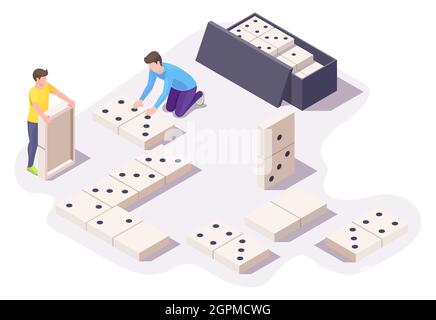 Two boys friends playing dominoes board game sitting on floor, vector isometric illustration. Home leisure activities. Stock Vector