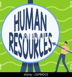 Inspiration showing sign Human Resources. Word for The showing who make up the workforce of an organization Man Standing Holding Large Arrow Pointing Stock Photo