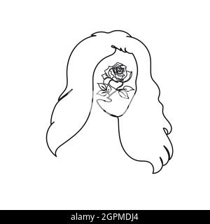 Continuous one line of woman face with flower rose in silhouette. Minimal style. Perfect for cards, party invitations, posters, stickers, clothing. Black abstract icon. Stock Vector