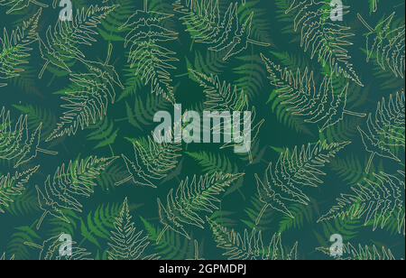 green fern and golden lines background, seamless pattern with fern, green and gold fern leaves pattern, applicable for banner, poster, fabric print, textile and etc. Stock Vector
