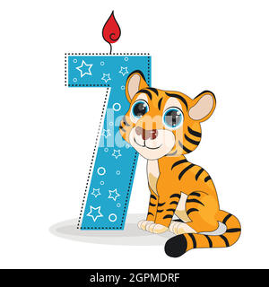 Cute cartoon tiger with number seven vector illustration. Perfect for cards, party invitations, posters, stickers, clothing. Birthday concept Stock Vector