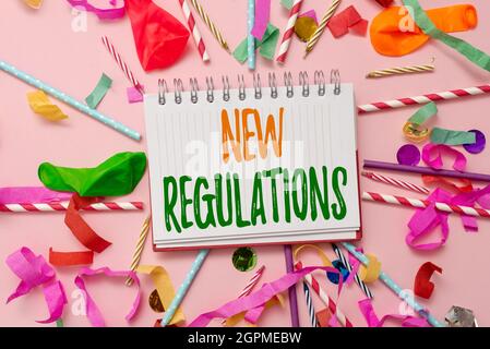 Text showing inspiration New Regulations. Conceptual photo Regulation controlling the activity usually used by rules. Colorful Party Collections Stock Photo