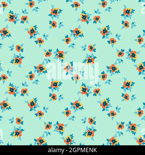 Drawing bloom flowers roses. Floral seamless pattern print. Nature abstract background vector wallpaper. Line art botanical illustration graphic design. Trendy pastel blue, yellow, mint colors paint Stock Vector