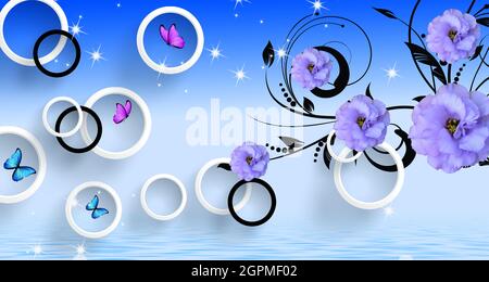 Beautiful Purple flowers wallpaper. Modern ideas in the design of any interior,3d illustration Stock Photo