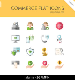 Commerce. People, cashier machine, phone, security, ticket, money and hands group. Color icon set. Flat vector illustration Stock Vector