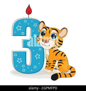 Cute cartoon tiger with number three vector illustration. Perfect for cards, party invitations, posters, stickers, clothing. Birthday concept Stock Vector